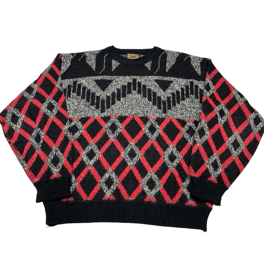 Vintage Saturdays Sweater Mens M Black Wool Blend Geometric Oversized Grandpa